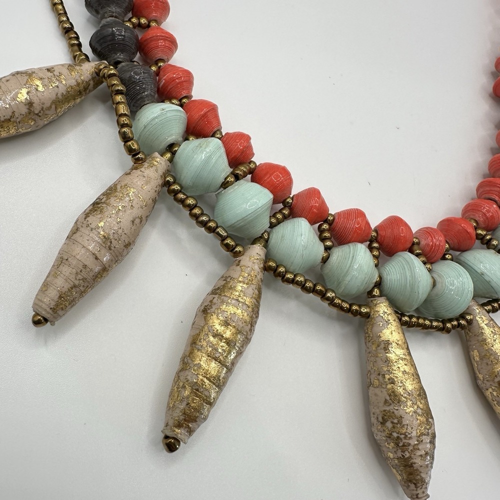 VTG Recycled Paper Bead Necklace Chunky Layered Coral‎ Mint Gold Tribal African - Picture 3 of 8